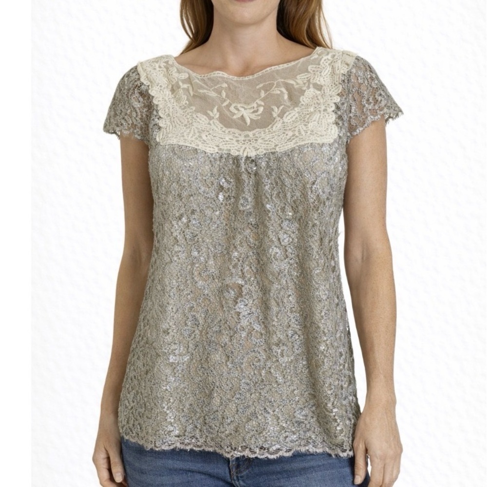 Anthropologie Metallic Lace Blouse HD in Paris Lace bib Cap sleeves sparkle SZ 4